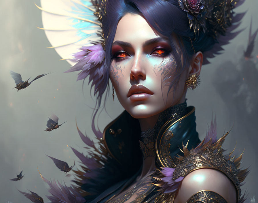 Fantasy art: Woman with feathered headdress, dark armor, and birds.