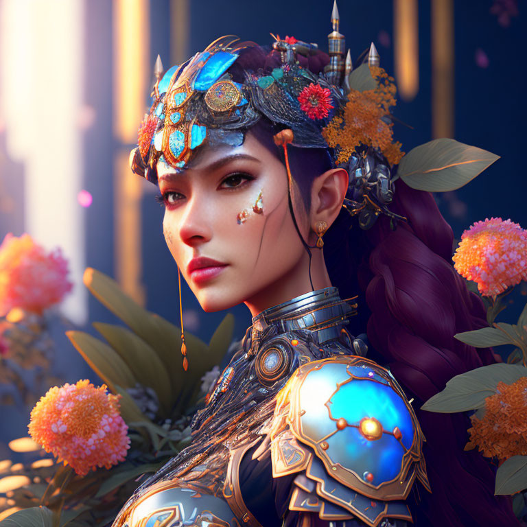 Futuristic armor woman with ornate headdress in digital art