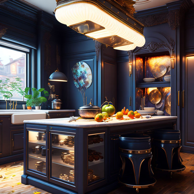 Luxurious Kitchen with Dark Blue Cabinets and Gold Accents