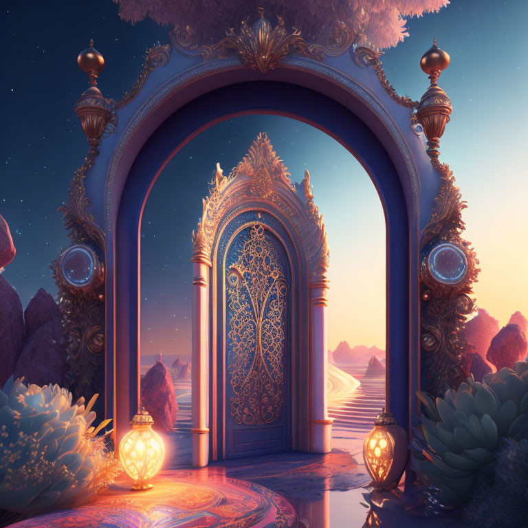 Mystical gateway to serene twilight landscape