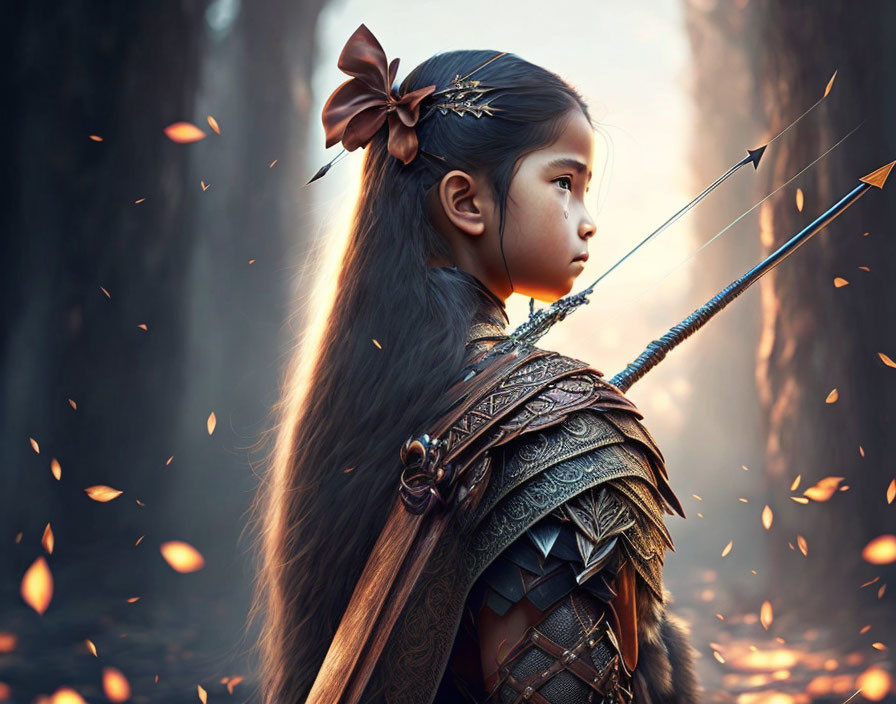 Young girl in warrior attire with bow and arrow in mystical forest surrounded by embers