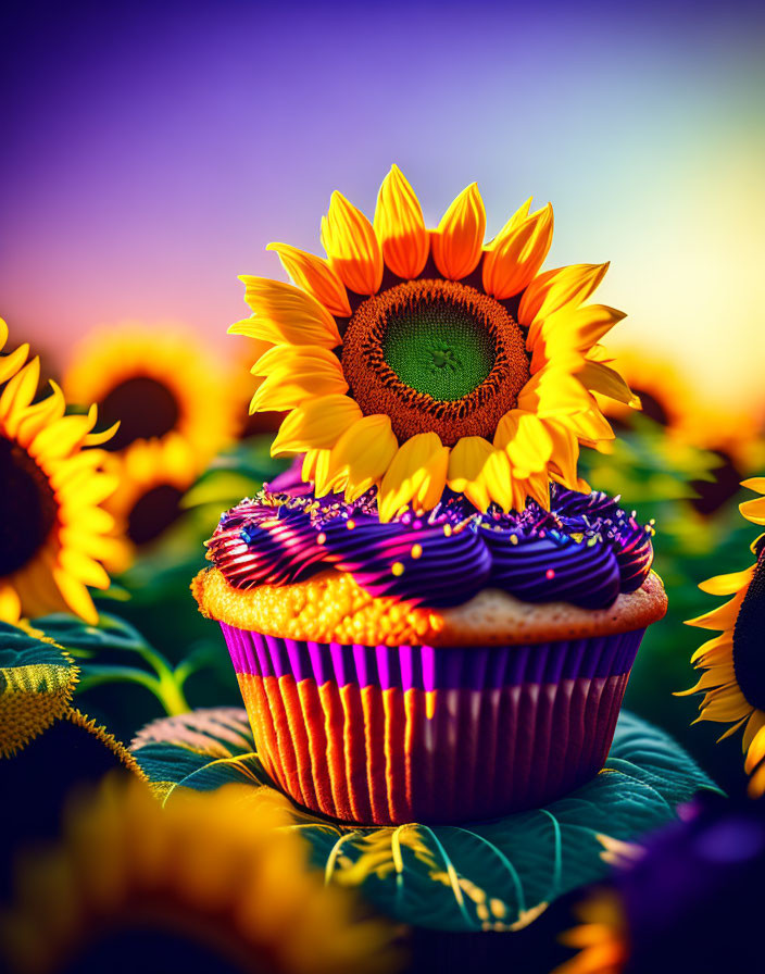 Colorful cupcake with purple icing in sunflower field at sunset