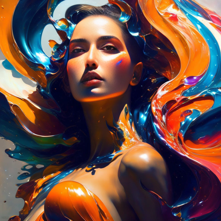 Colorful liquid-like shapes frame serene woman portrait