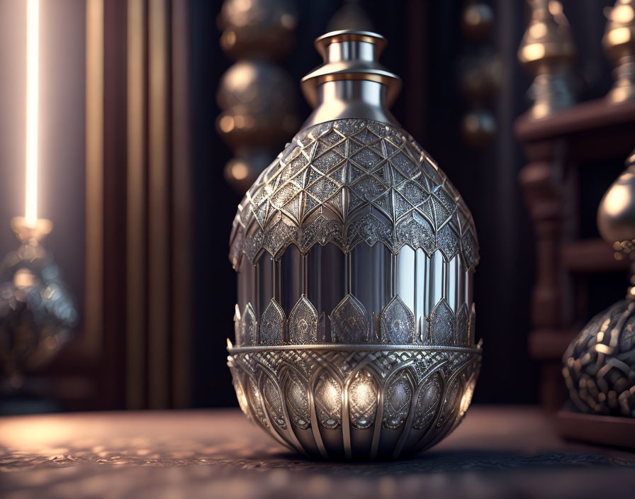 Detailed Metallic Perfume Bottle Against Blurred Background