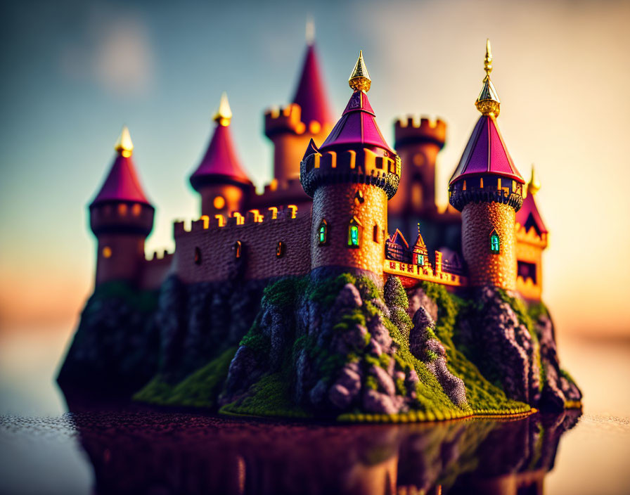 Miniature fairy-tale castle on island with vibrant colors and golden spires at sunset