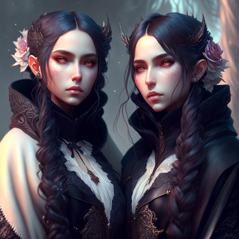 Fantasy characters with braided hair, horns, and floral accents in ornate attire on dark background