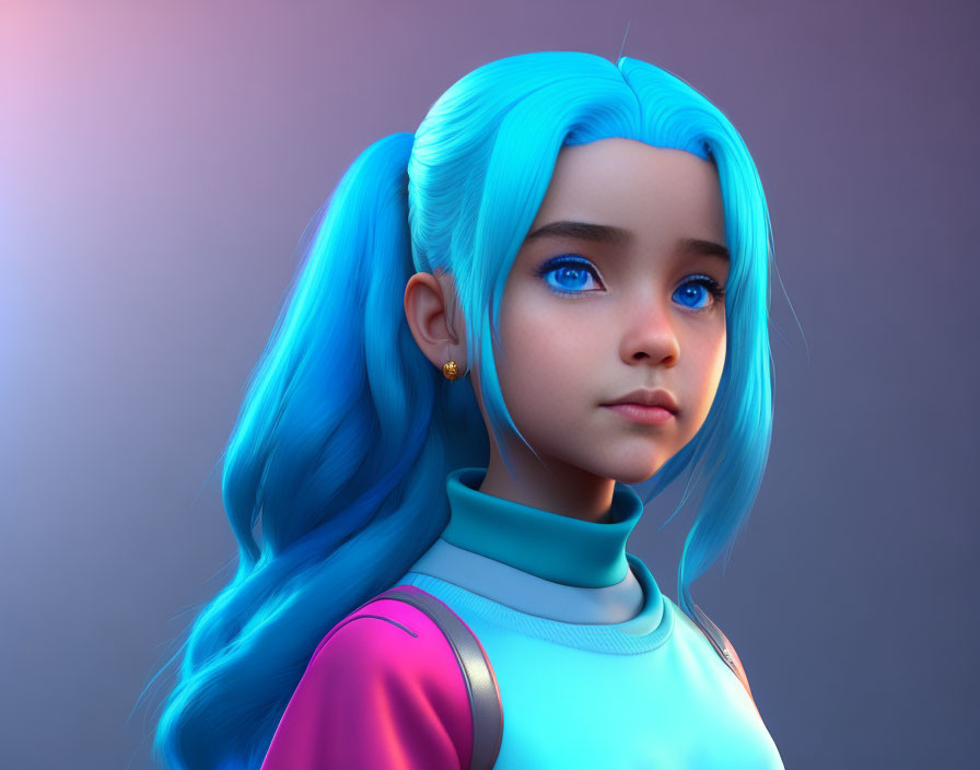 Digital Artwork: Girl with Blue Hair and Eyes in Turtleneck & Pink Backpack