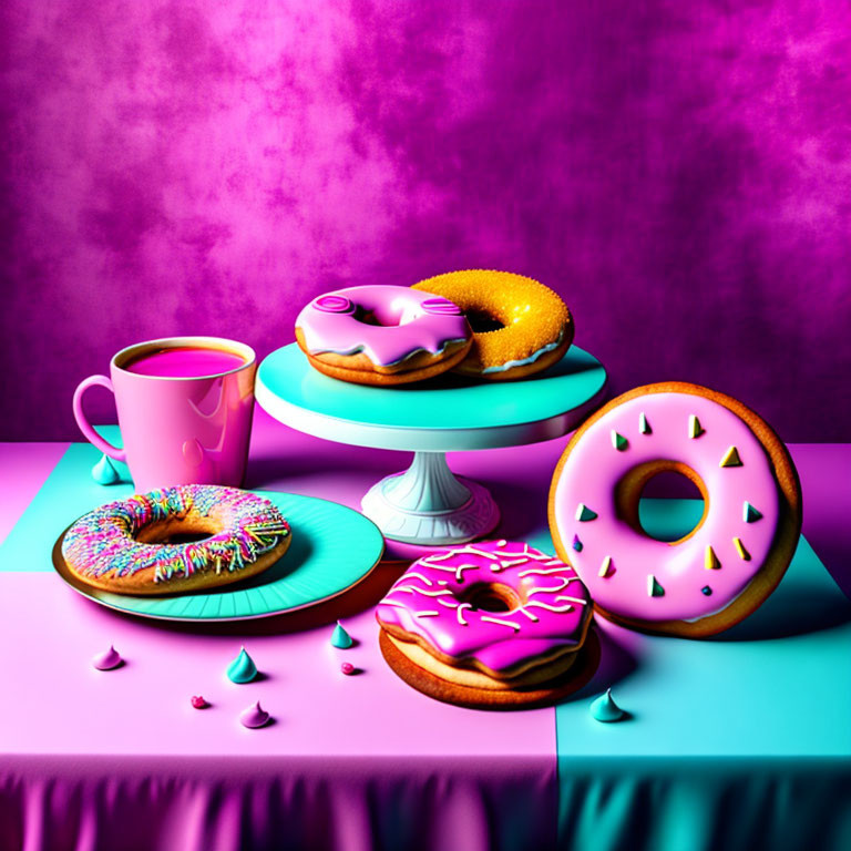 Vibrant donuts and coffee cup on pastel table with purple backdrop