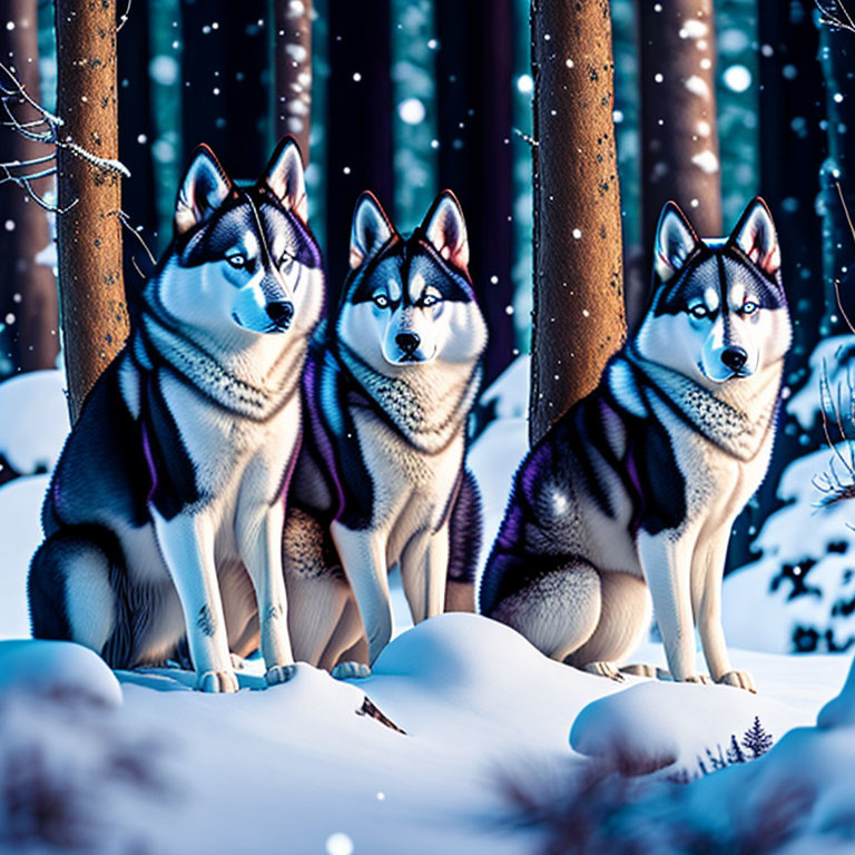 Three Siberian Huskies in Snowy Woods Under Twilight Sky