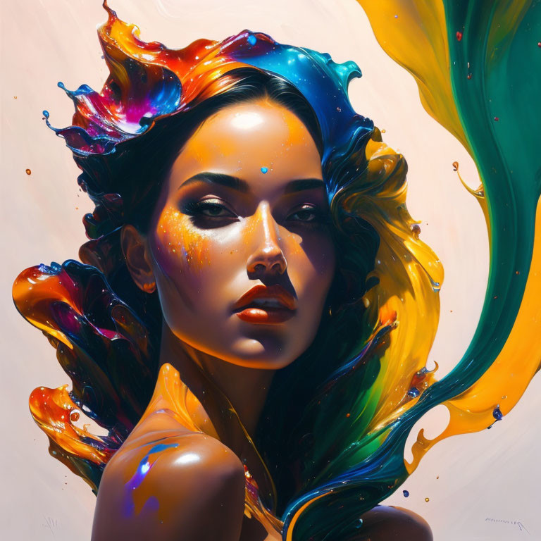 Colorful digital artwork: Woman with flowing paint-splash hair