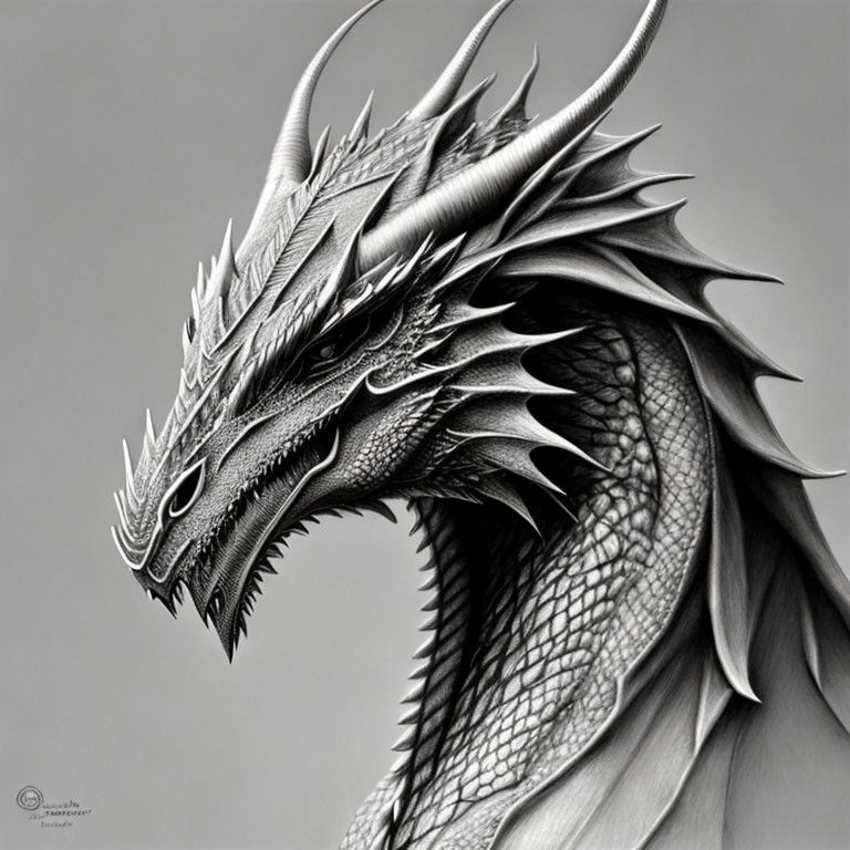 Detailed Monochromatic Dragon Head Profile Drawing