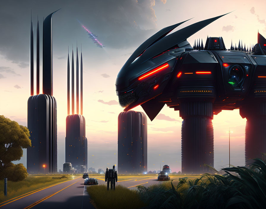 Futuristic cityscape with skyscrapers, tripod structure, highway traffic, and observers