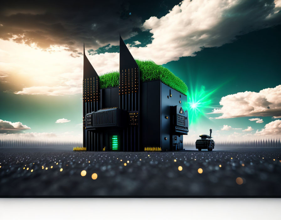 Black futuristic building model with green accents against dramatic sky