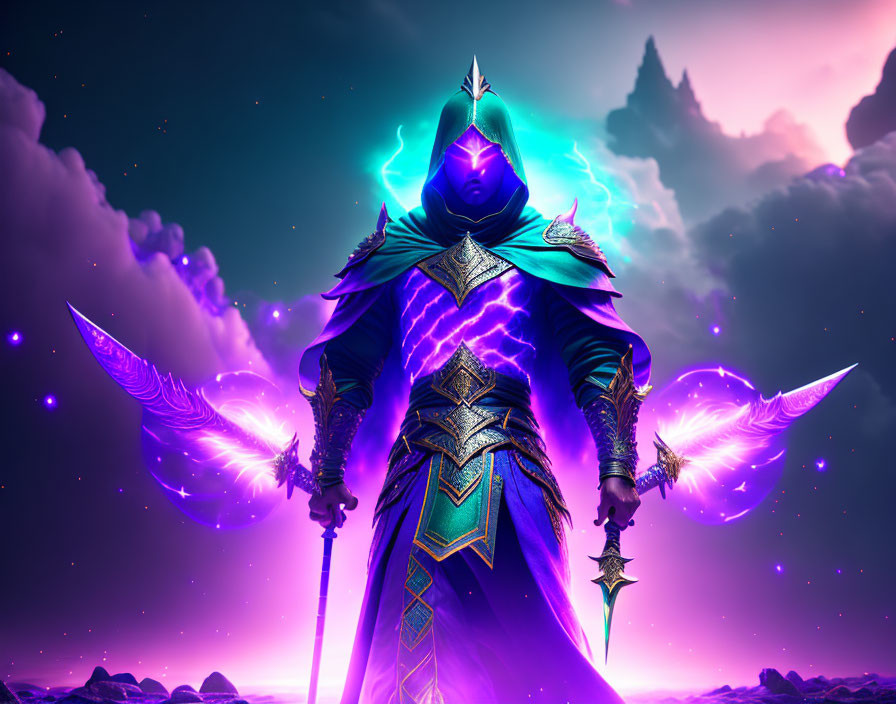 Armored figure with dual swords and purple wings in celestial setting