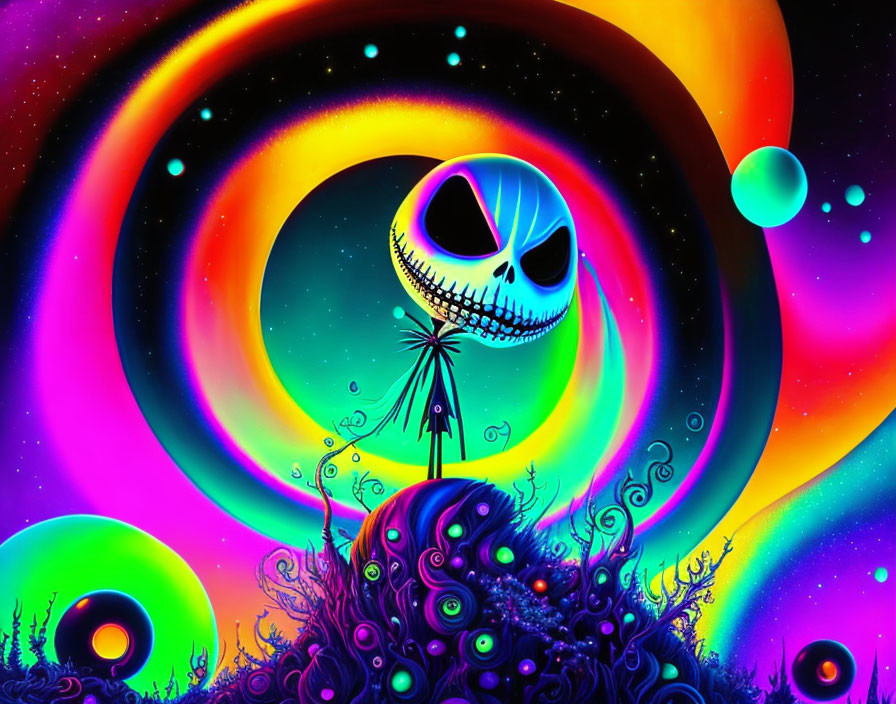 Colorful Psychedelic Jack Skellington Artwork with Cosmic Background