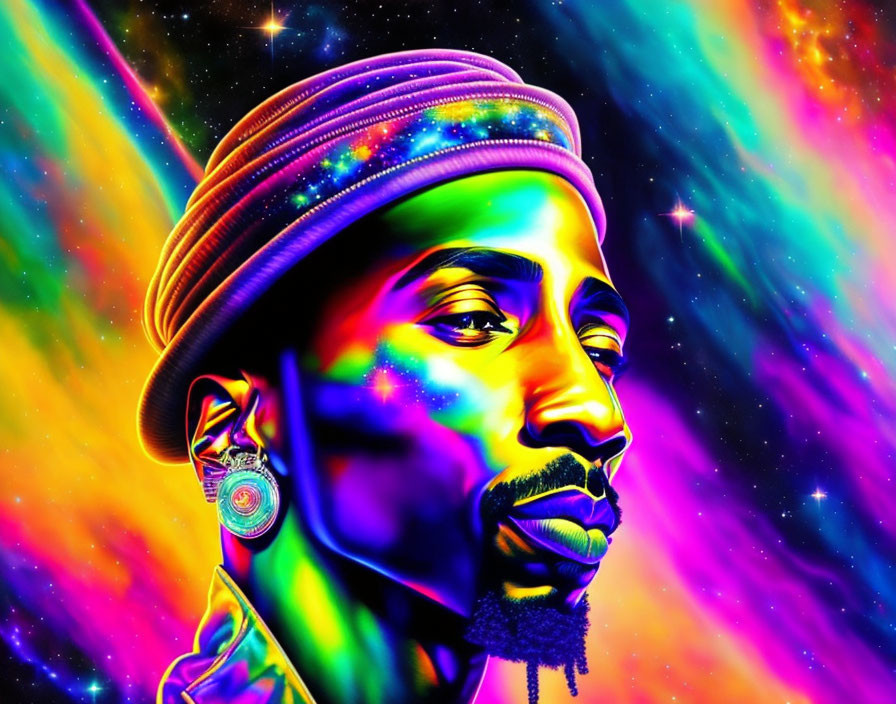 Colorful digital art: man in Rastafarian hat on cosmic backdrop