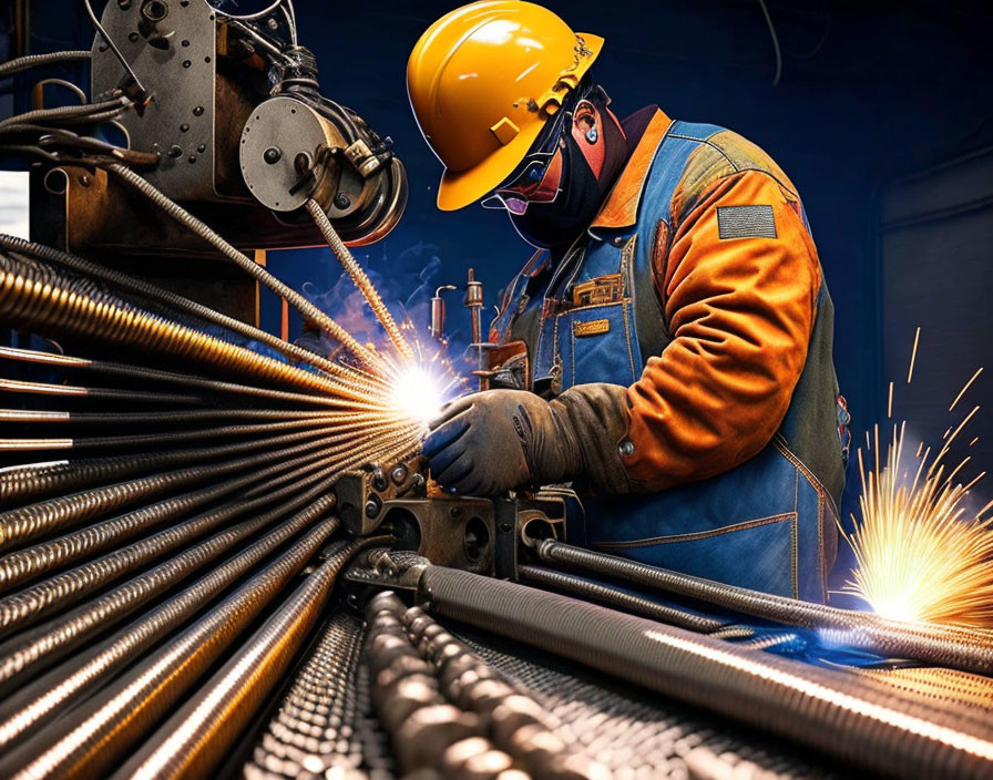 Welder in protective gear working on metal rods