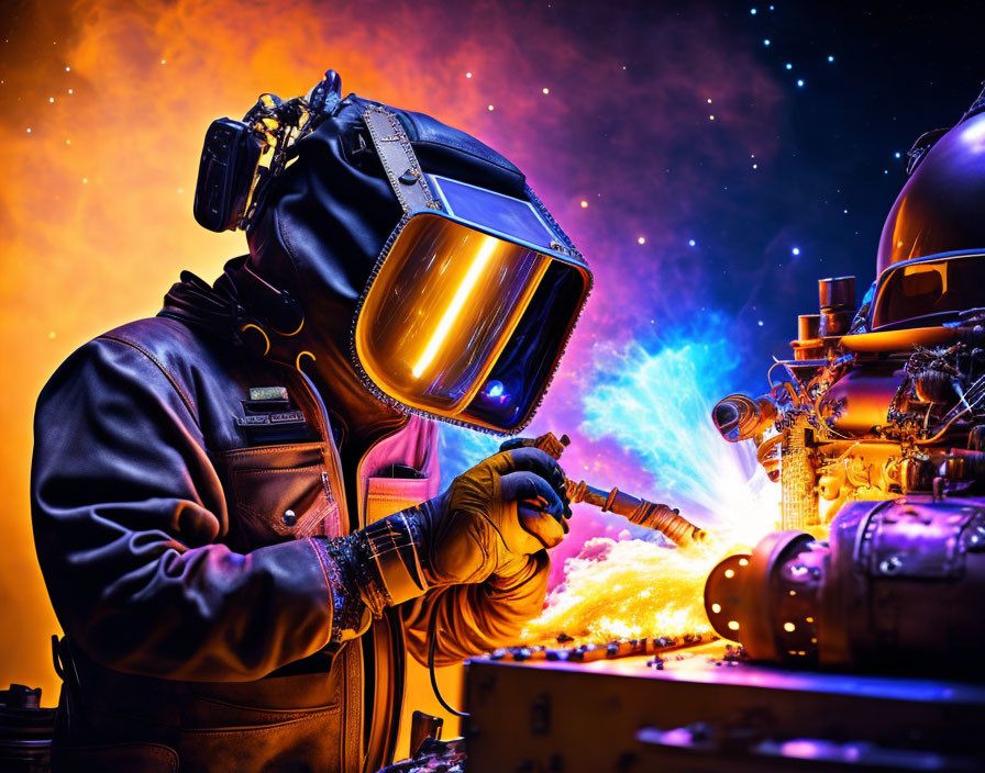 Welder in protective suit with blue and orange sparks in space-themed background