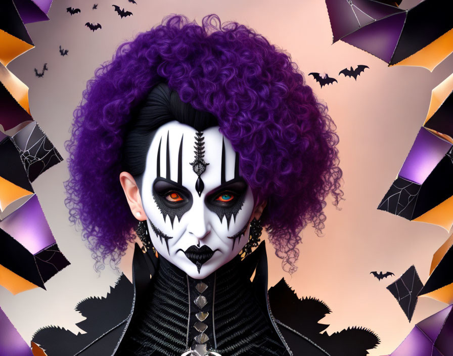 Gothic-themed portrait with skull makeup and purple hair