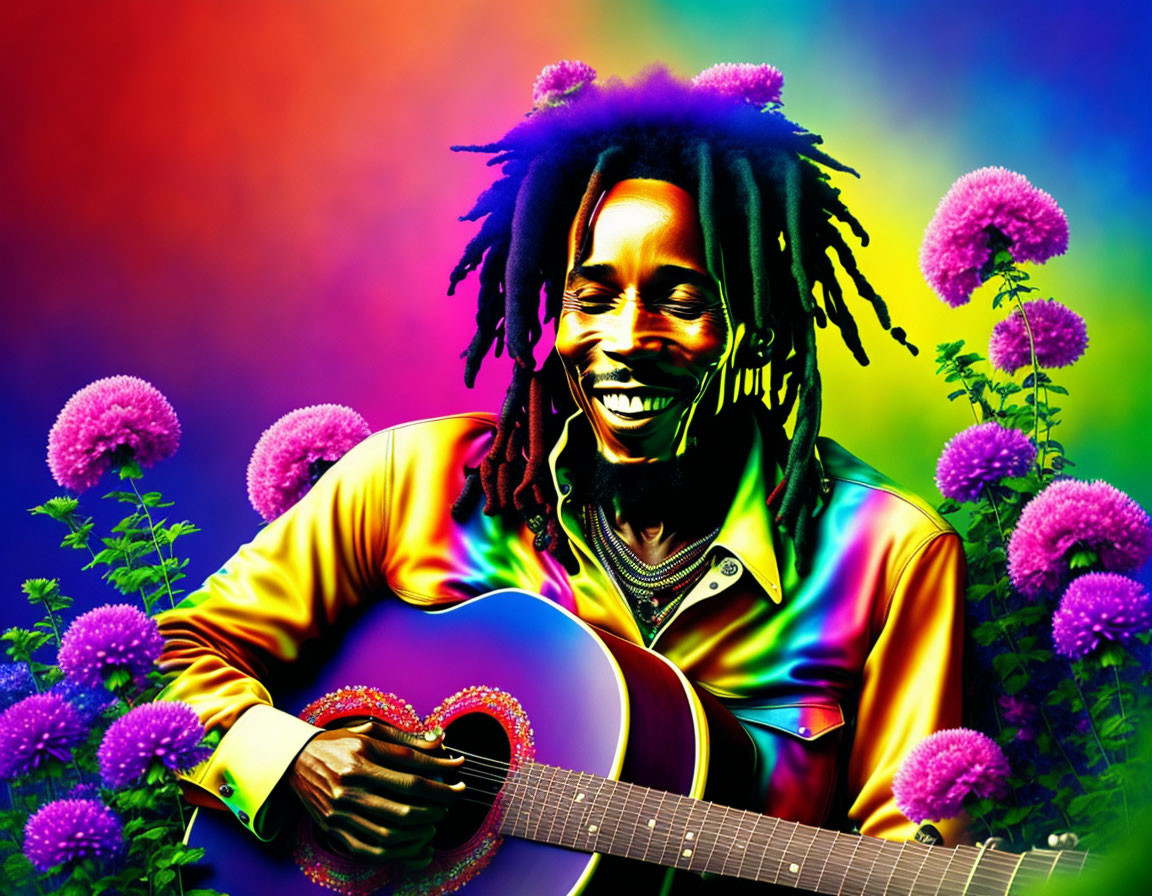 Colorful digital artwork: Smiling person with dreadlocks playing heart-shaped guitar among flowers