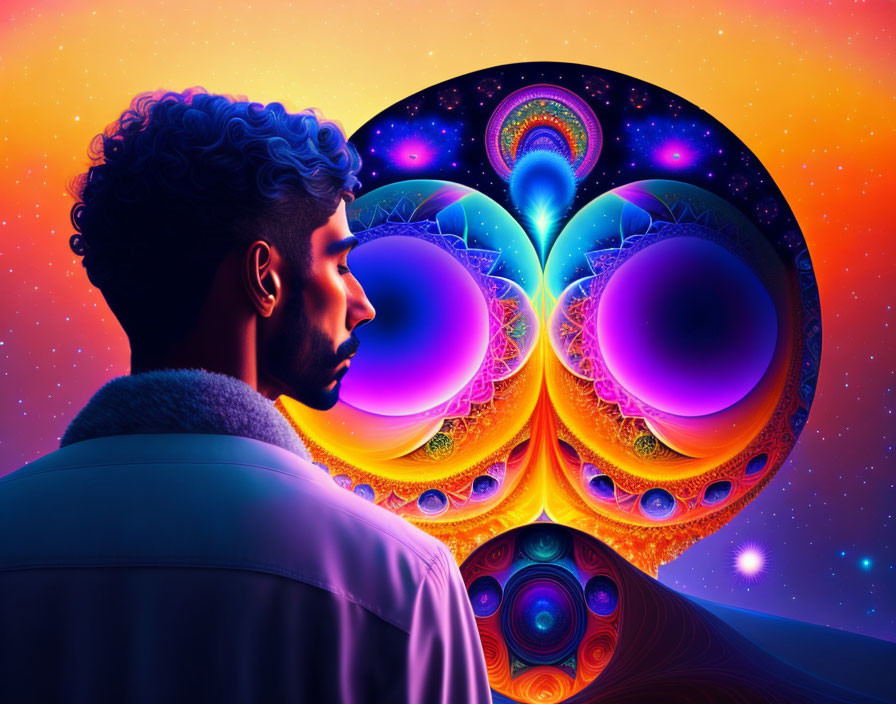 Man in profile observing vibrant, psychedelic fractal landscape