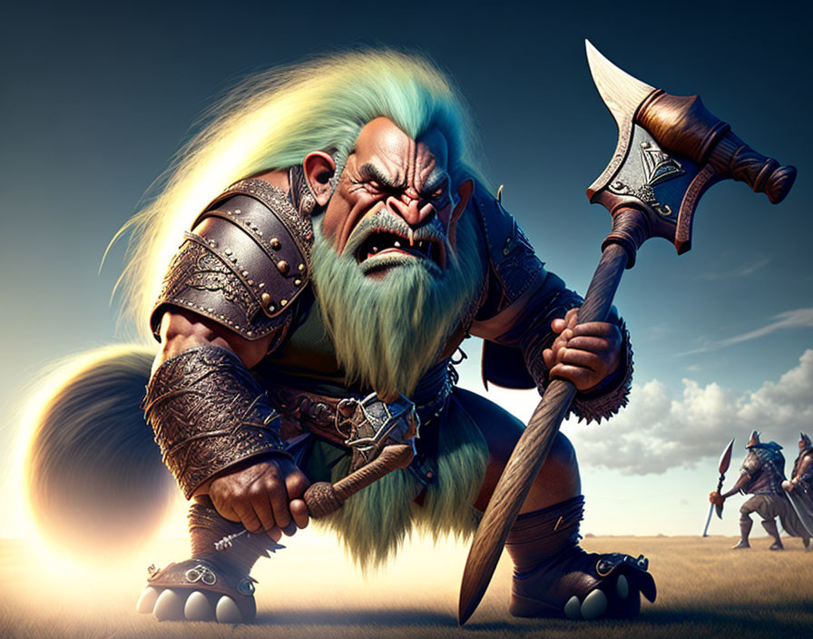 Animated dwarf with blue-green hair, axe, armor, and roller skates, facing riders at sunset