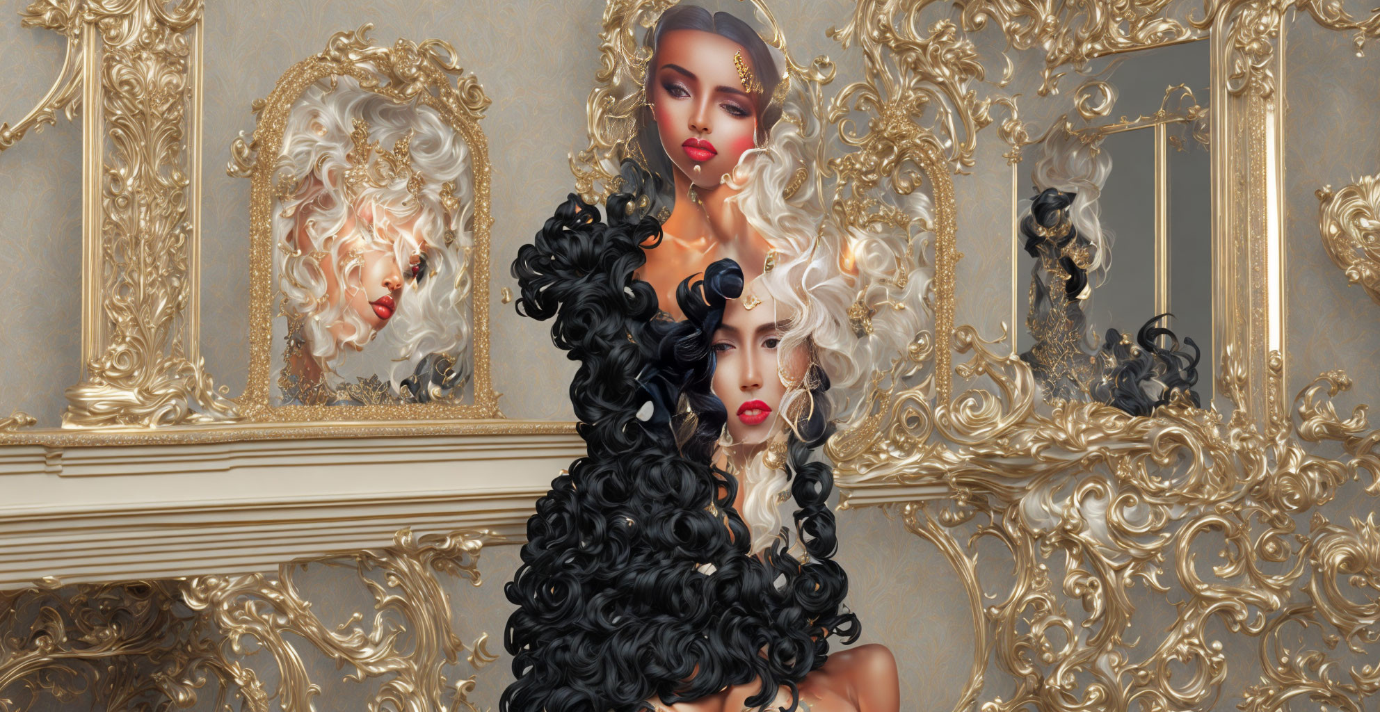 Stylized Figures with Elaborate Hairstyles in Luxurious Setting