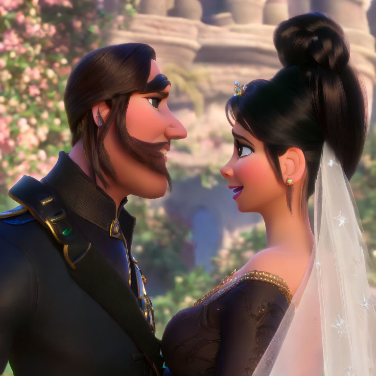 Military man and bride animated characters in garden scene