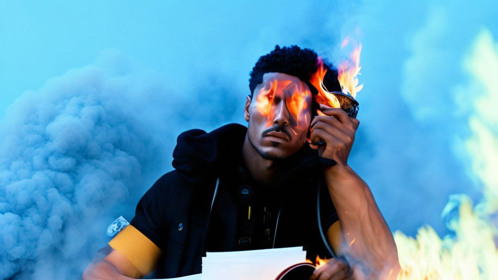 Man Contemplating Surrounded by Flames and Smoke