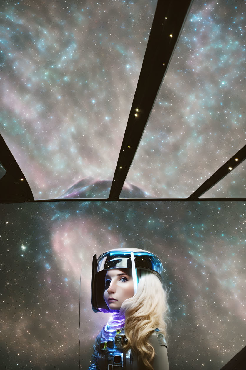 Woman in futuristic space helmet gazes at star-filled cosmos with nebula backdrop.