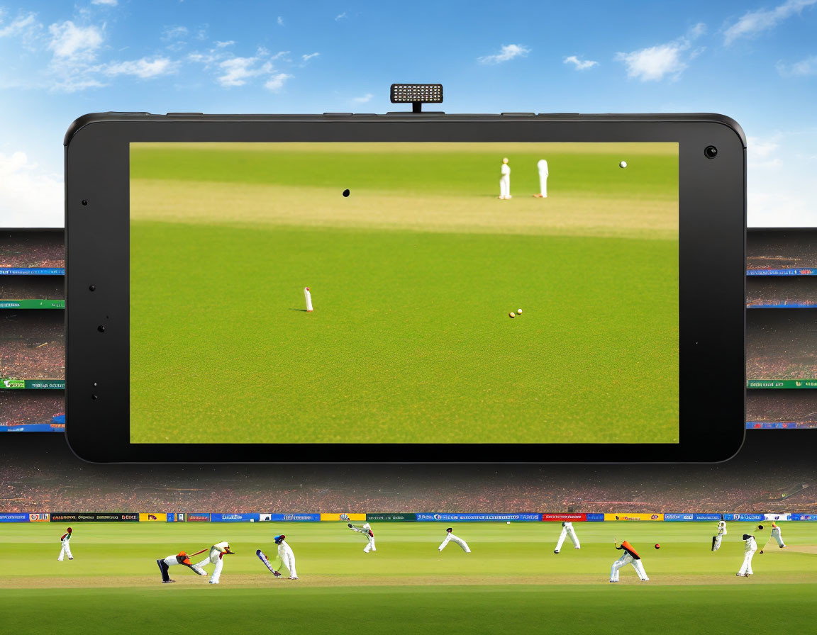 Live cricket match on tablet with players in stadium background