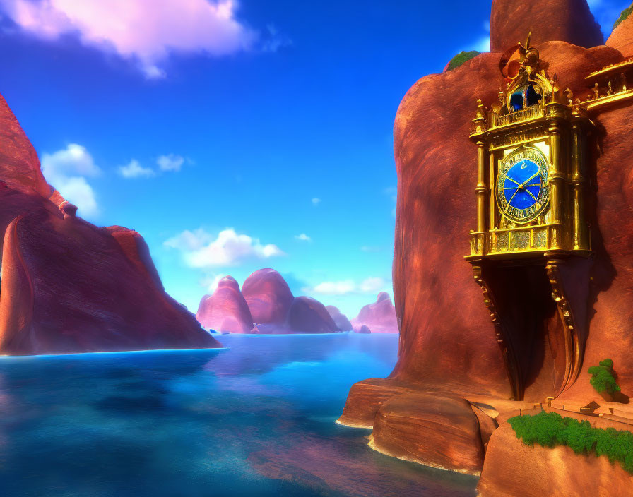 Golden clock embedded in red cliff by tranquil blue sea