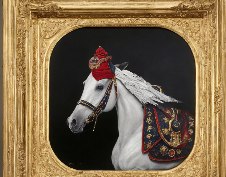 White Horse with Red Headdress and Blue/Gold Saddle Blanket on Black Background