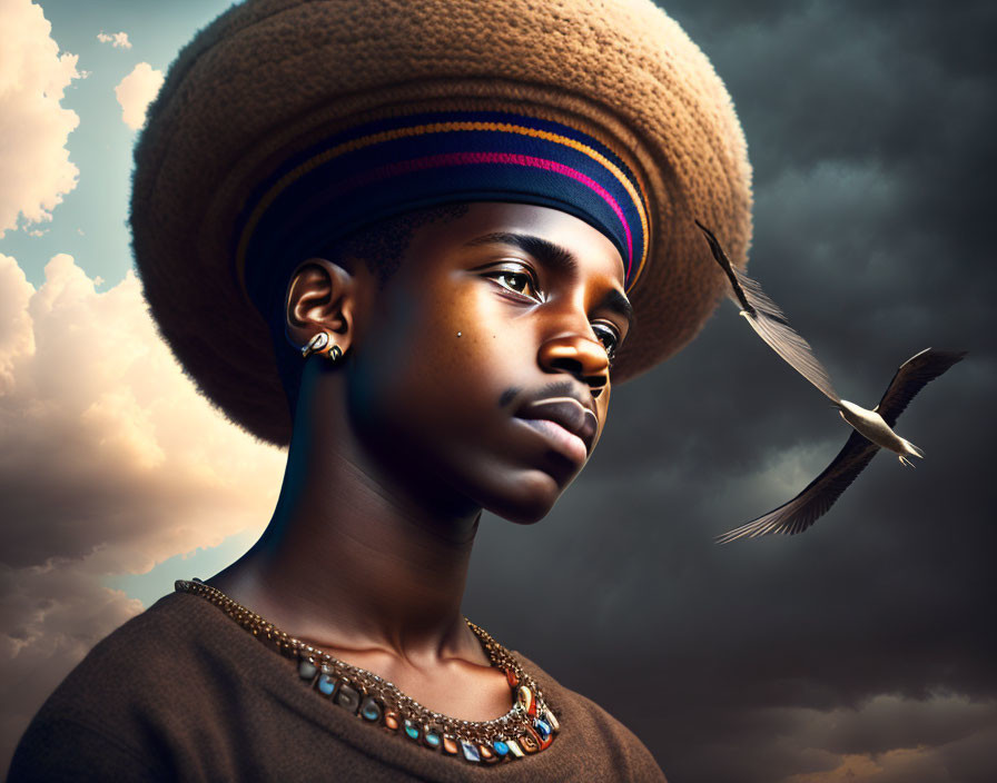 Profile View of Young Person with Large Brimmed Hat and Necklace, Dark Clouds and Bird in