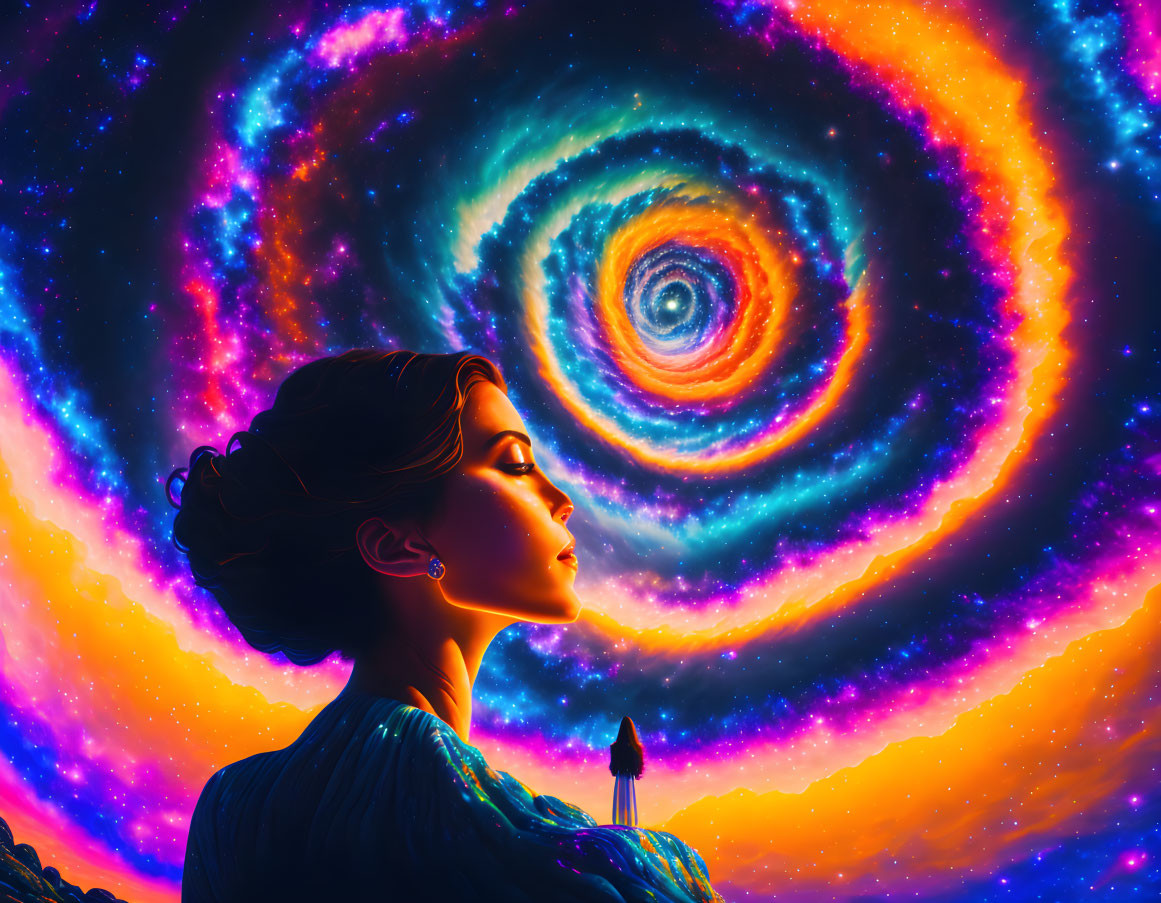 Woman admires colorful cosmic vortex by lighthouse