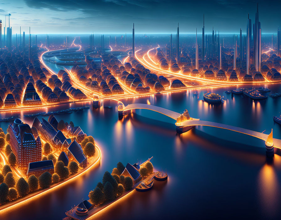 Nighttime futuristic cityscape with illuminated roads, bridges, boats, and trees against a deep blue sky