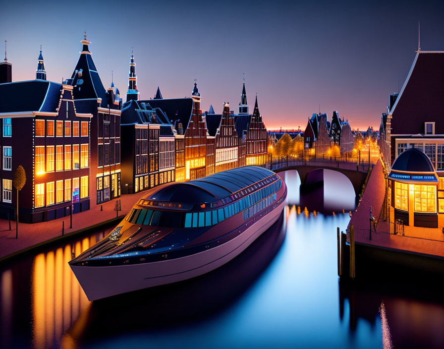 Dutch canal at twilight with modern boat and traditional architecture