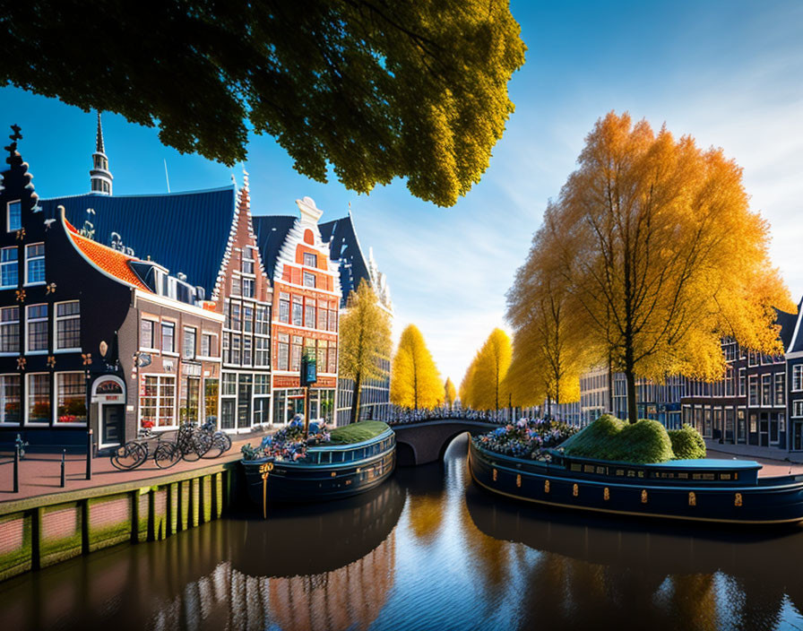 Dutch canal scene with traditional houses, boats, trees, and bicycle