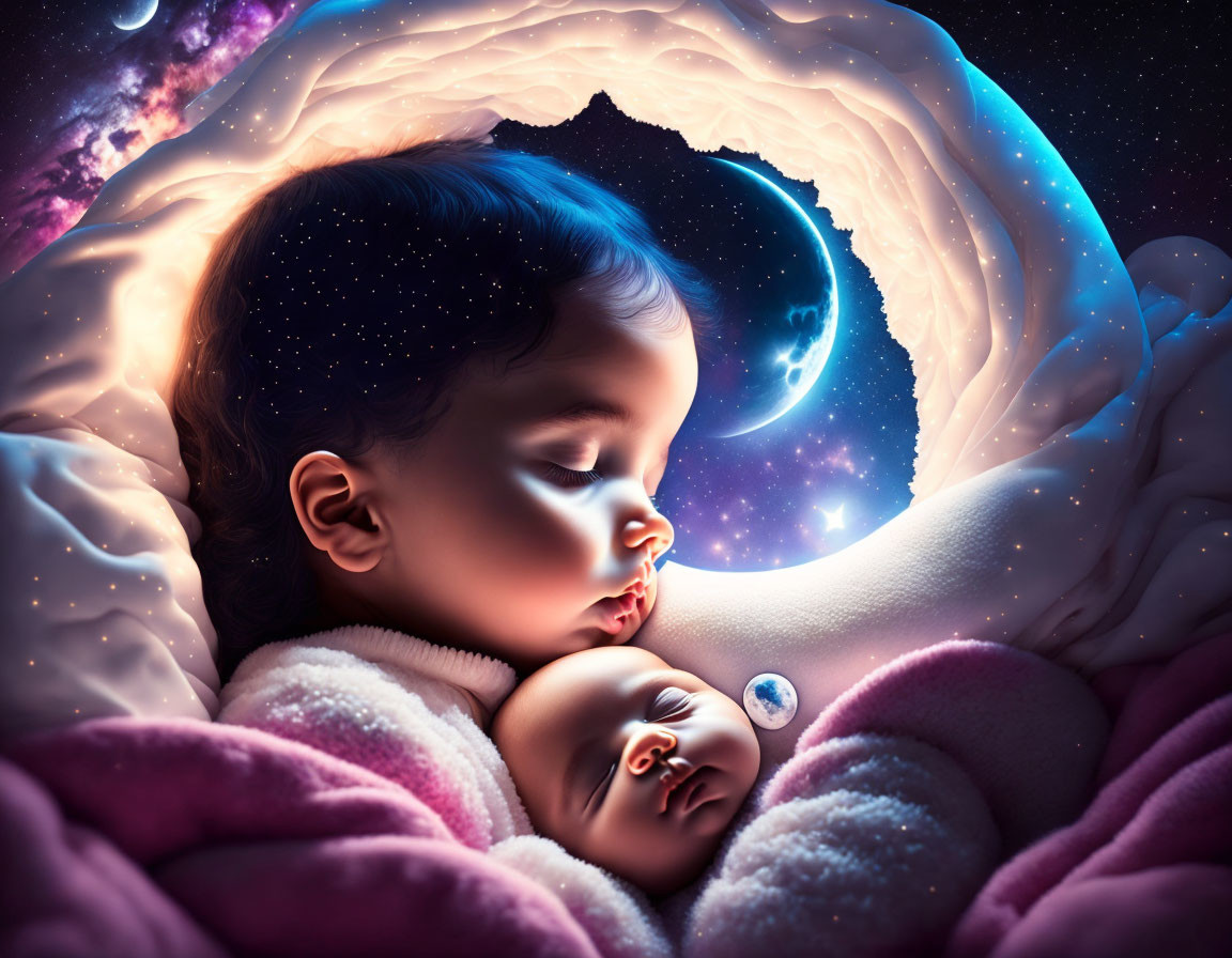 Sleeping child embracing doll in cosmic background of stars and moon