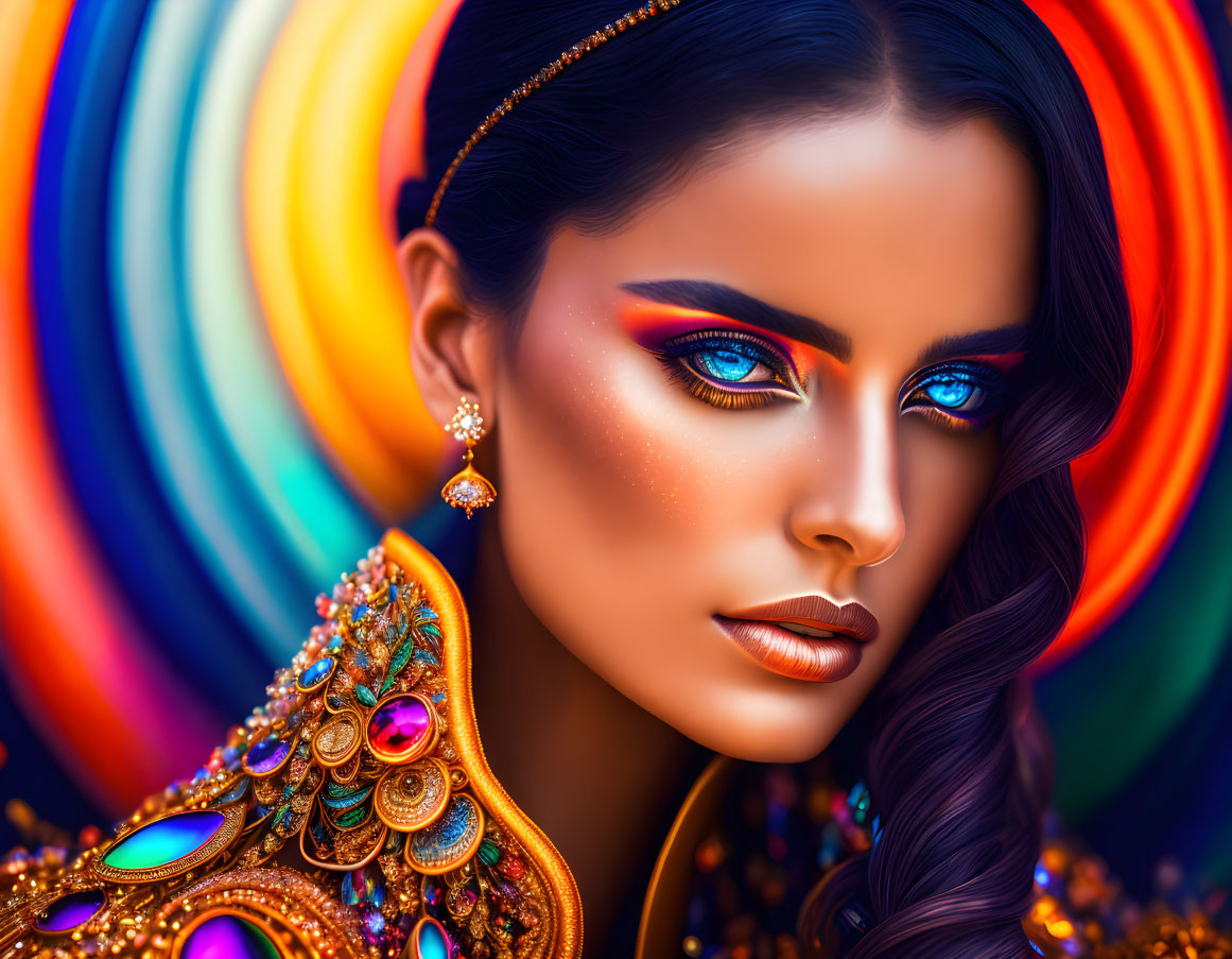 Colorful portrait of a woman with elaborate makeup and jewelry on vibrant background