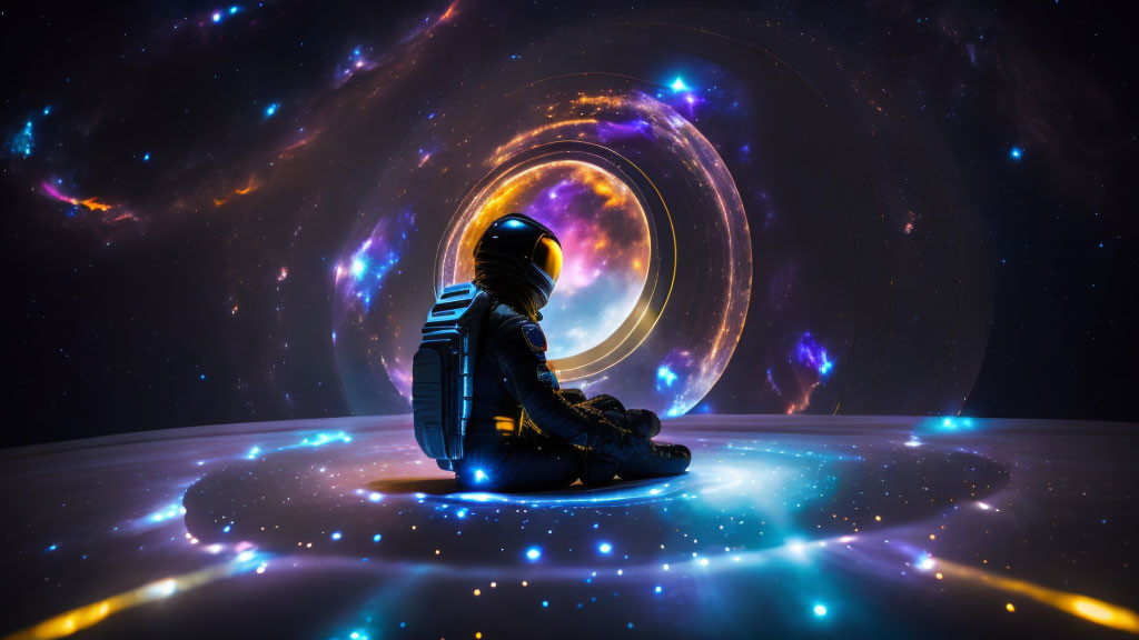 Astronaut in front of cosmic portal amidst stars and nebulae