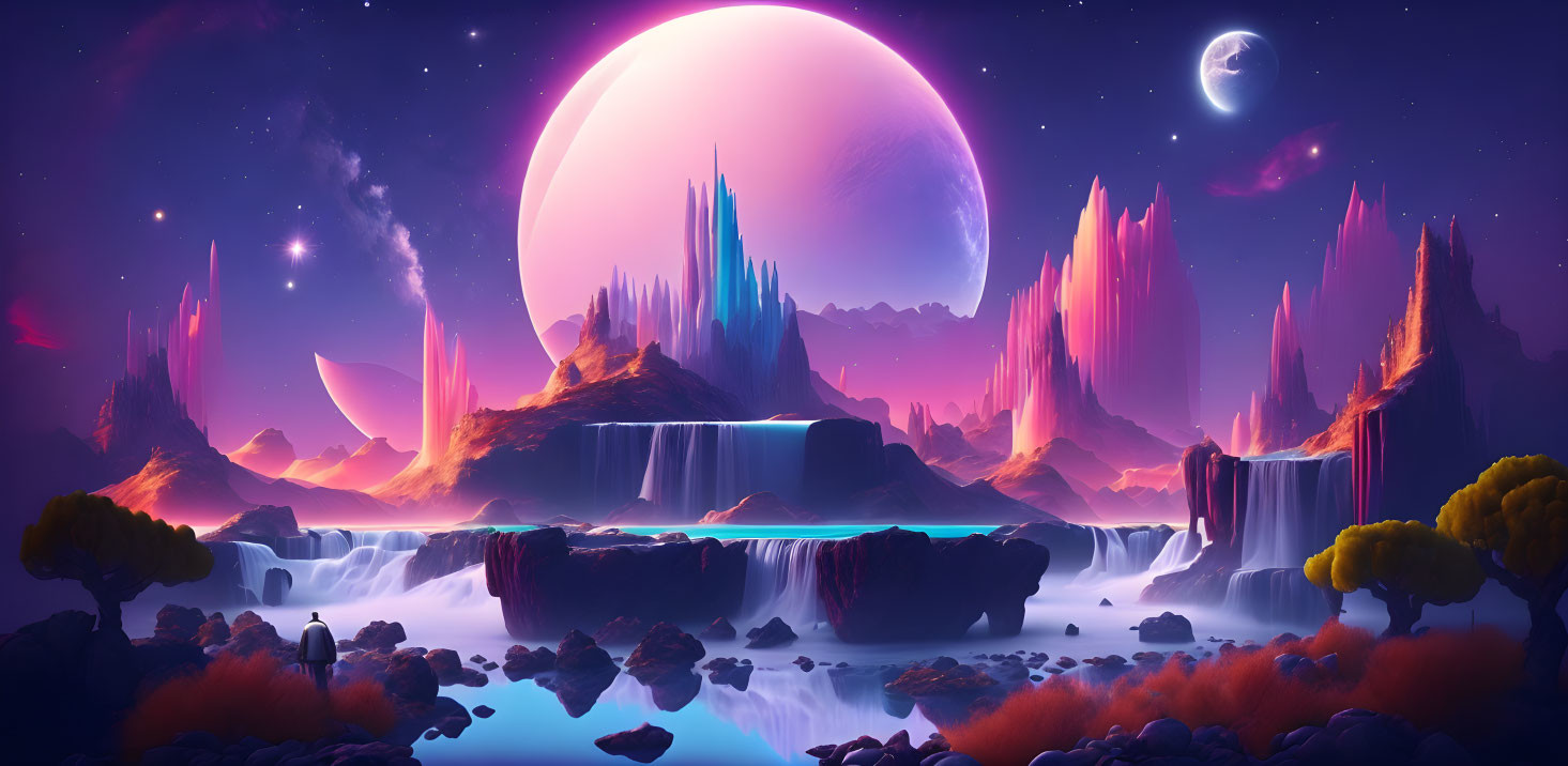 Luminous waterfalls and alien flora in vibrant sci-fi landscape