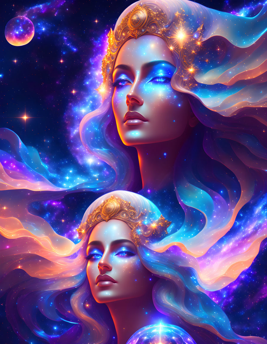 Ethereal female figures with celestial hair in cosmic scene