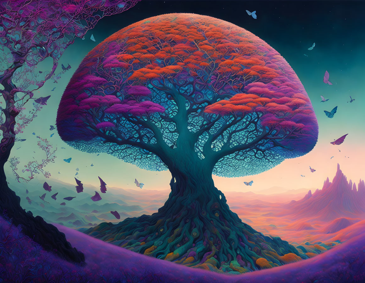 Colorful surreal landscape with whimsical tree, butterflies, and starry sky