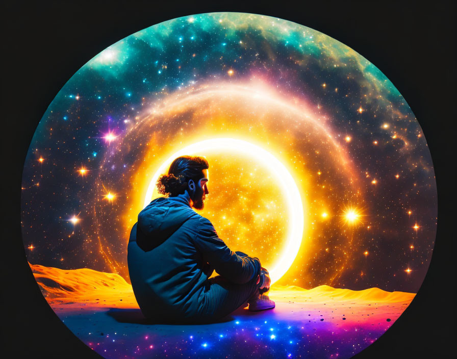 Person sitting in front of cosmic backdrop with stars and celestial ring.