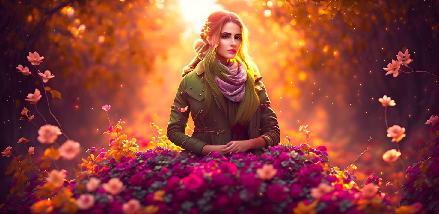 Woman in Green Jacket Surrounded by Vibrant Flowers