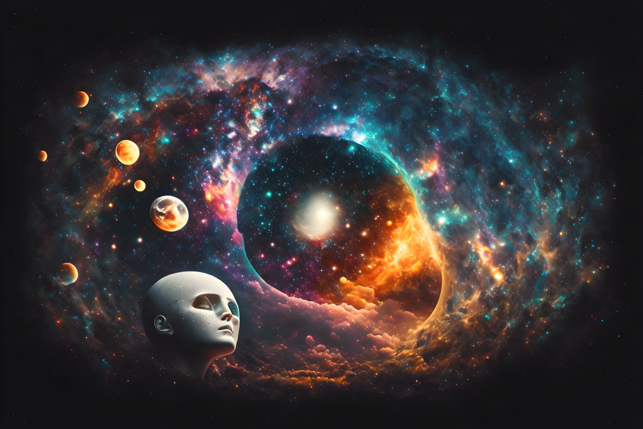 Surreal cosmic scene with human-like face and swirling planets in vibrant galactic vortex