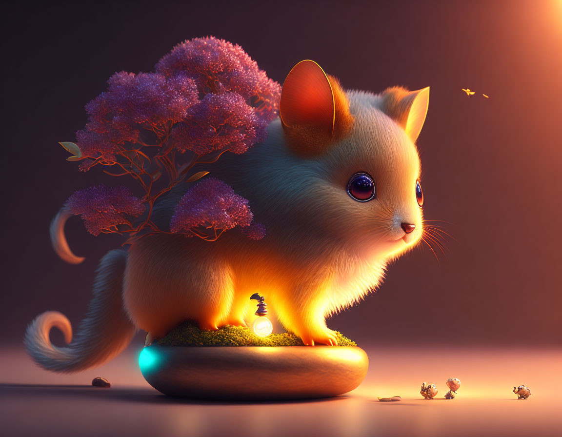 Adorable fantasy creature with large ears and purple bonsai tree