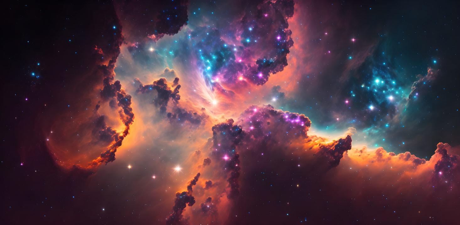 Colorful cosmic scene with swirling clouds and stars in orange to blue spectrum.