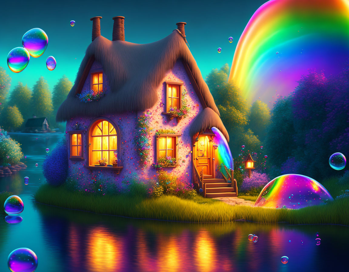 Thatched cottage by calm lake with flowers, bubbles, and rainbow